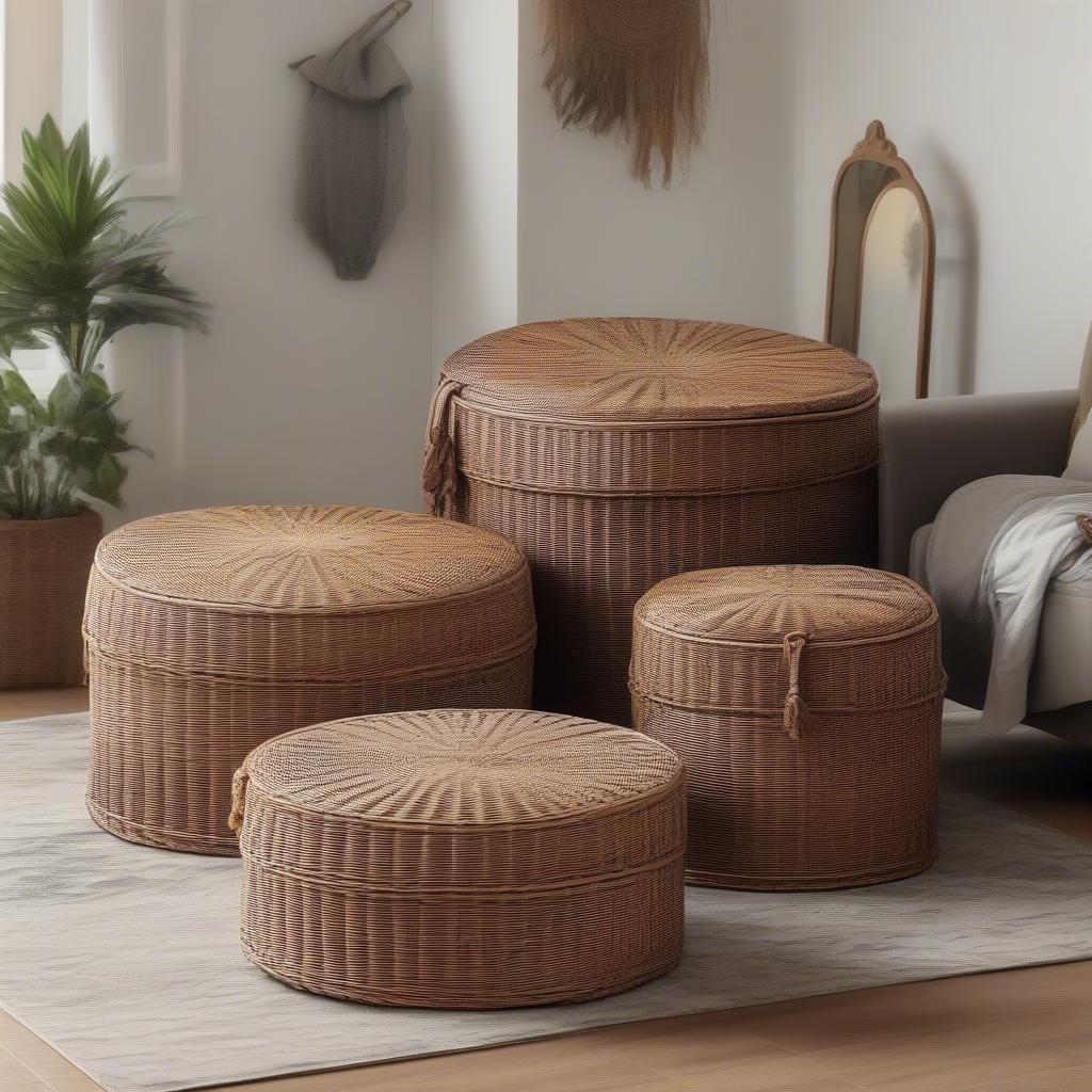 Different sizes of wicker storage ottomans compared side by side, showcasing their varying dimensions and potential uses.