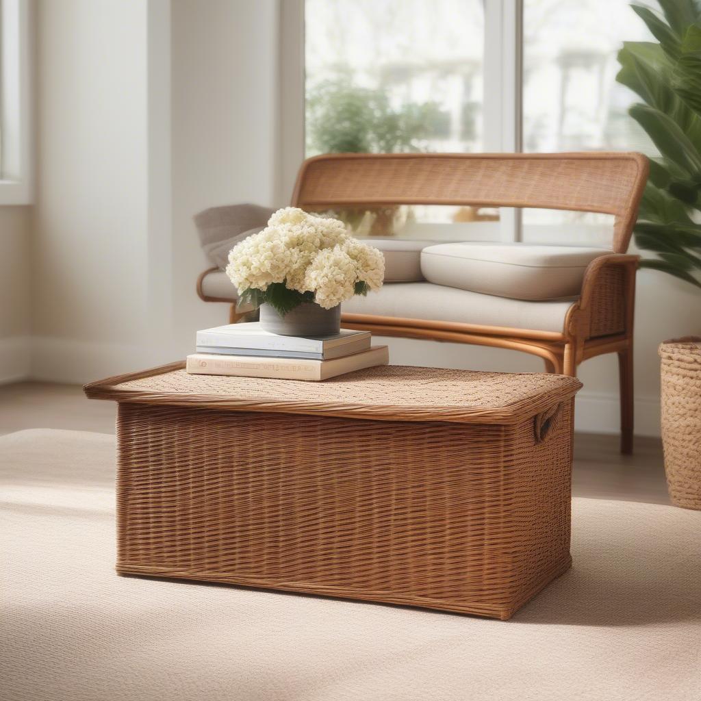 Wicker storage ottoman styled with a tray and plants