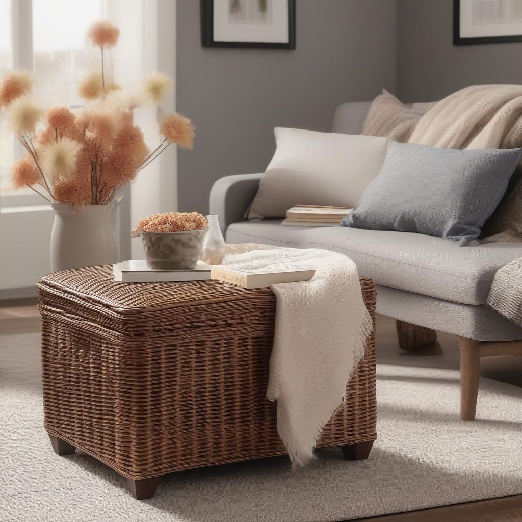 Wicker storage ottoman with tray in a living room setting