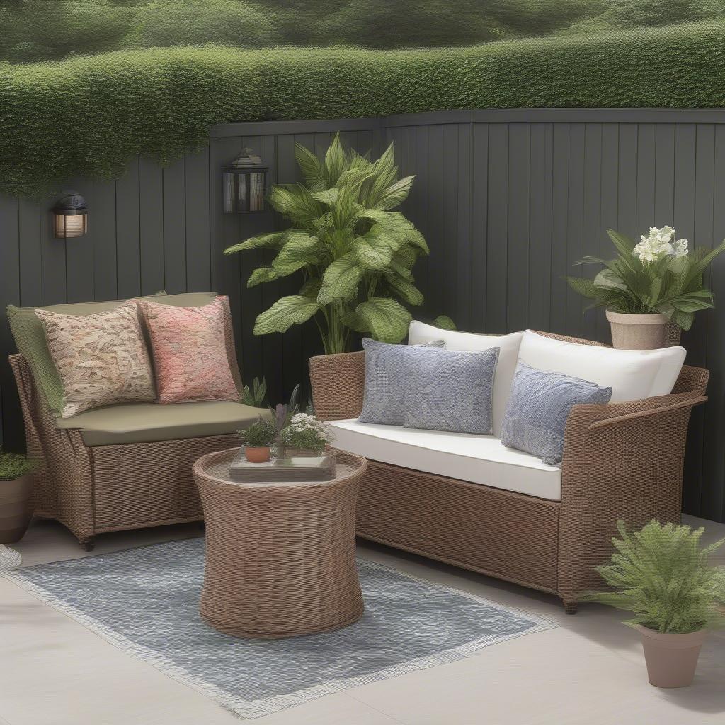 Styled wicker storage and prep station on a patio with cushions, plants, and other decor