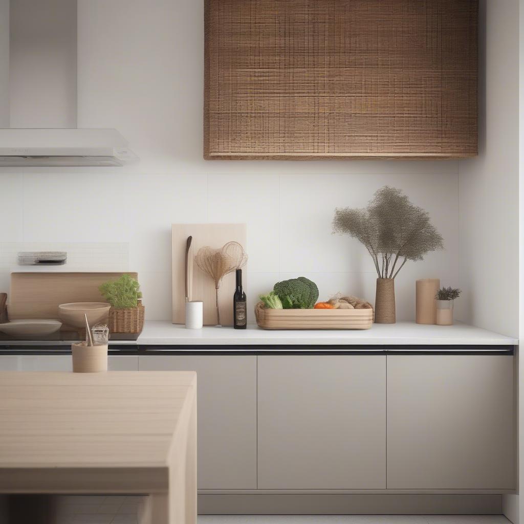 Wicker vegetable storage rack integrated seamlessly into a modern kitchen design.