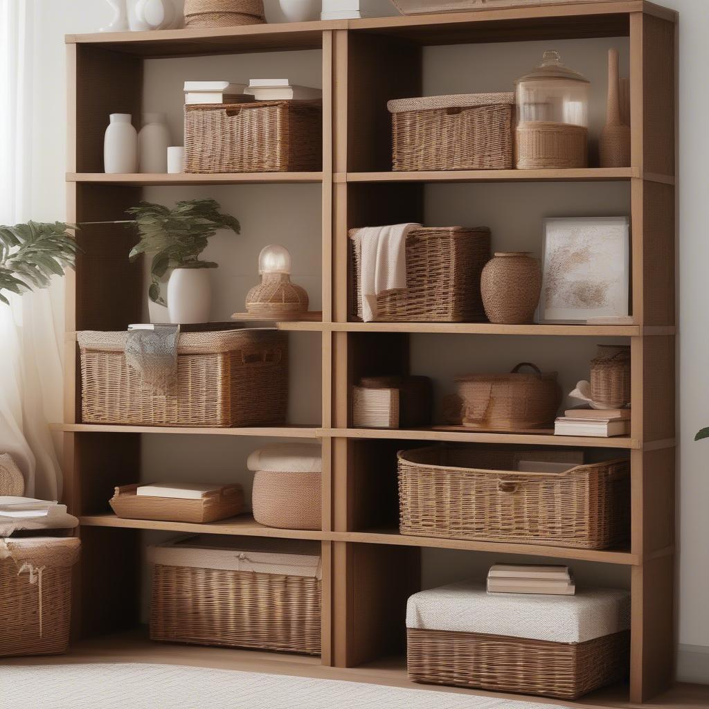 Wicker Storage Shelf Baskets in a Living Room