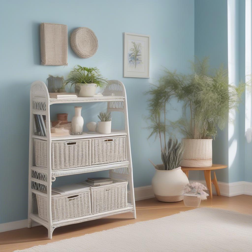 Wicker storage shelf unit in a living room setting