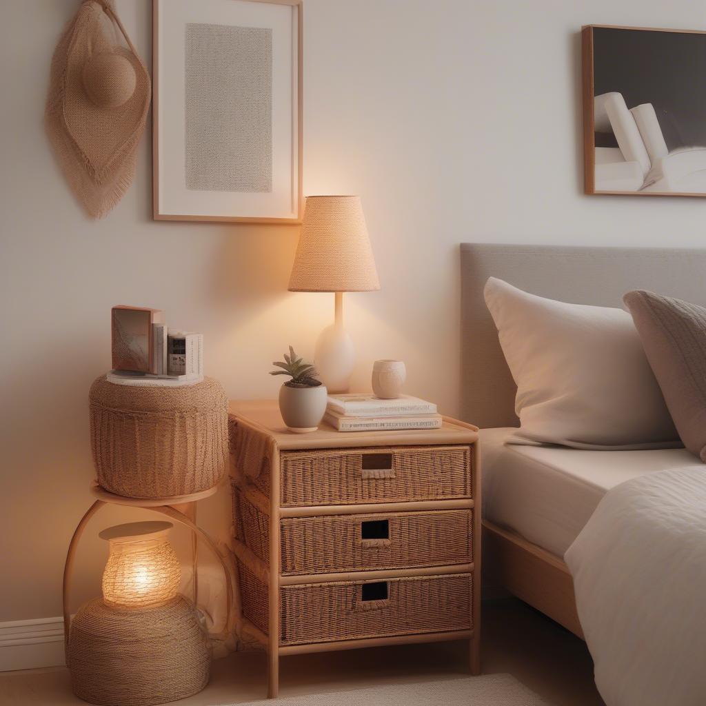 Wicker shelves used as a nightstand in a bedroom, holding a lamp and books.