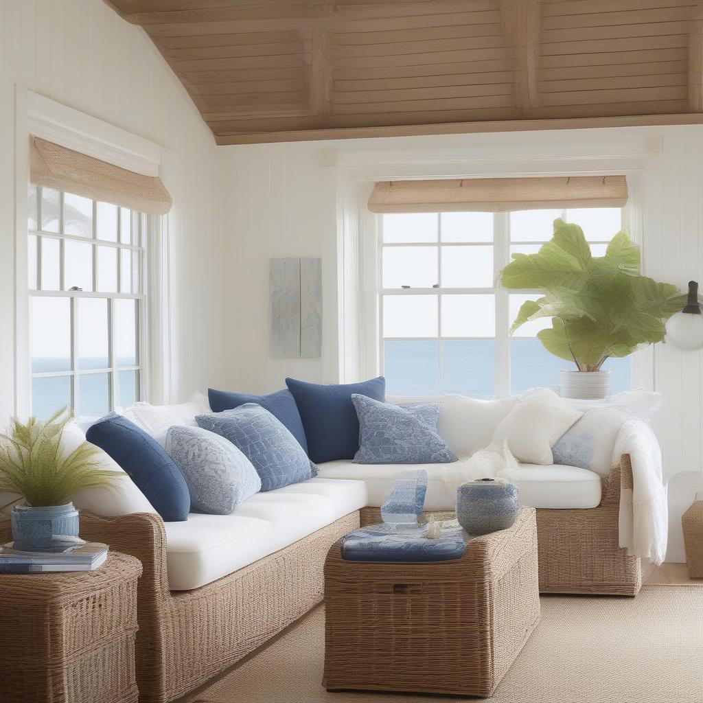 Wicker storage sofa in a coastal-themed room.