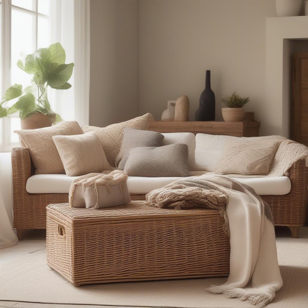 Wicker storage sofa in a living room setting, showcasing its storage capacity and stylish design.