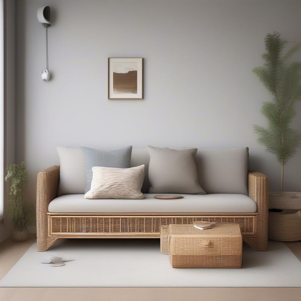 Wicker storage sofa in a small apartment, demonstrating space-saving solutions.