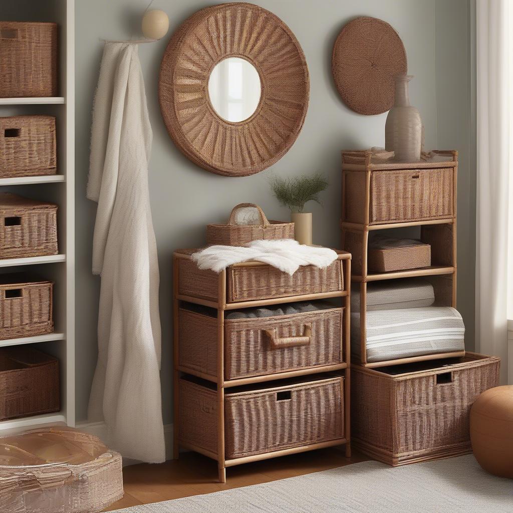 Various wicker storage solutions like baskets, trunks, and cabinets.