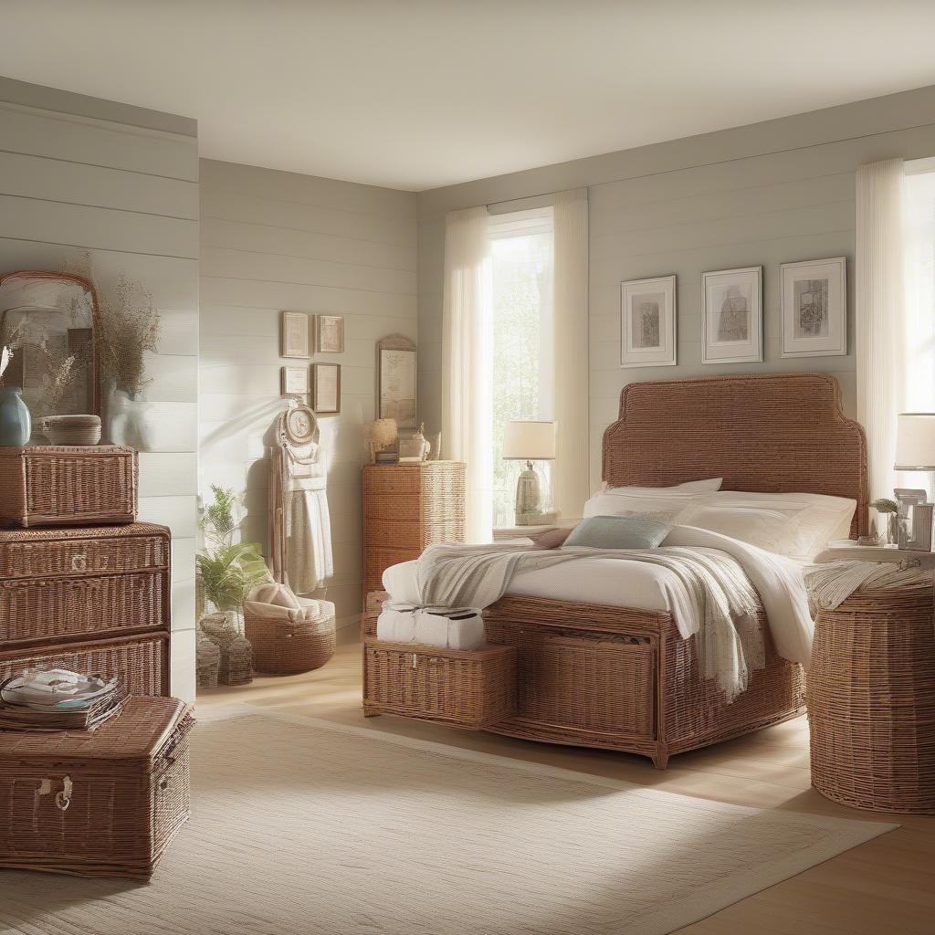 Wicker Storage Solutions for the Bedroom: A bedroom scene showcasing various wicker storage solutions, including drawer compartments, baskets, and a storage chest, demonstrating a cohesive and organized space.