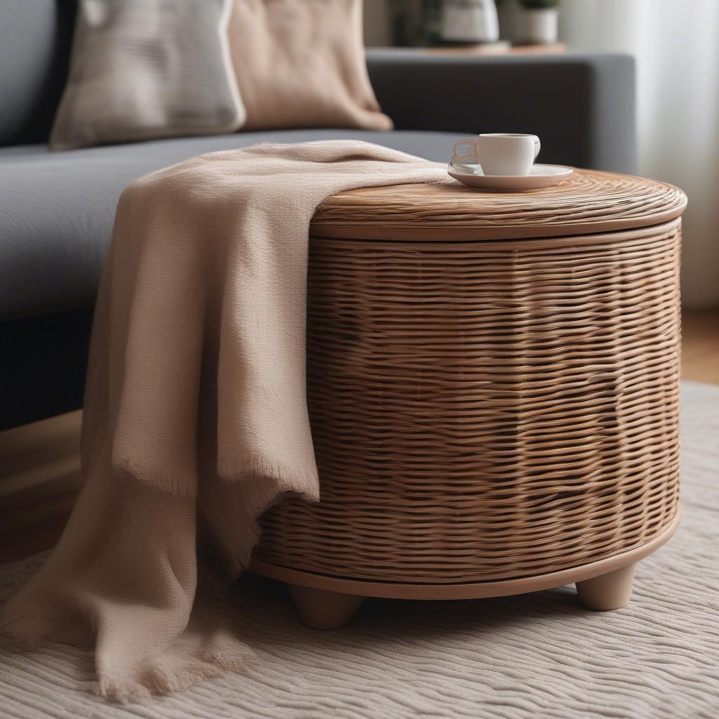 Wicker storage stool in a cozy living room setting, showcasing its dual purpose as seating and storage.