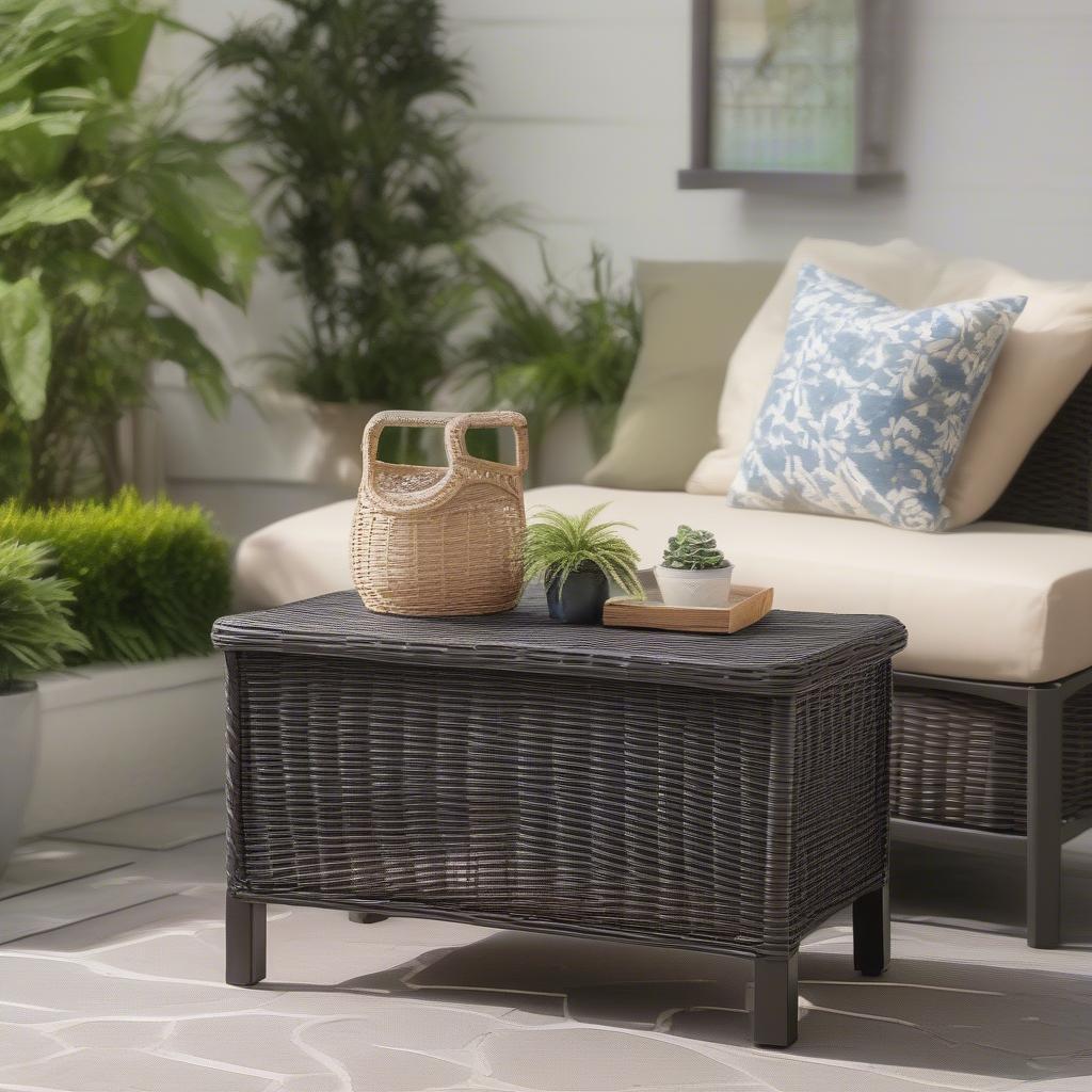 A Wicker Storage Table Blending Seamlessly into a Patio Setting