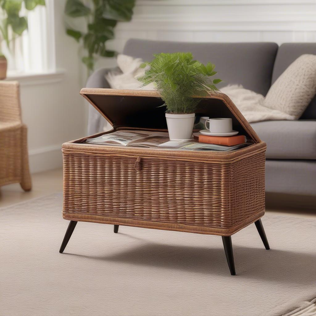 Wicker storage table in a living room setting