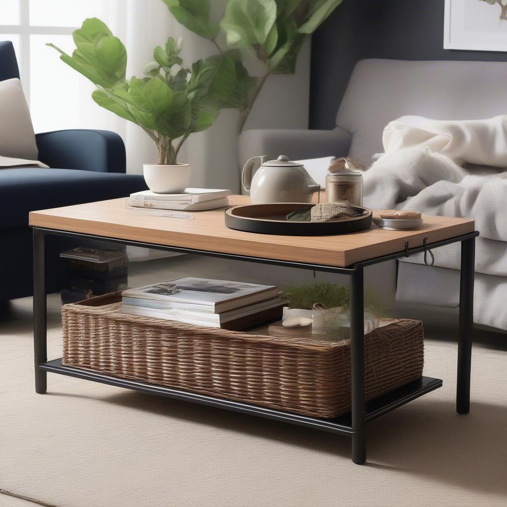 Wicker storage table in a living room setting, showcasing its functionality and style.