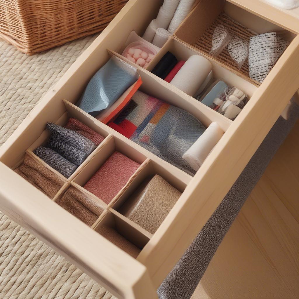 Organizing items inside a wicker storage table