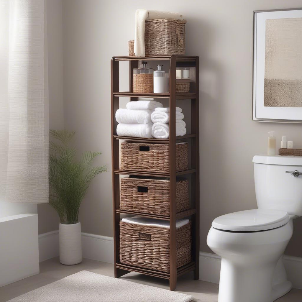 A wicker storage tower in a bathroom, displaying folded towels and various bathroom accessories.