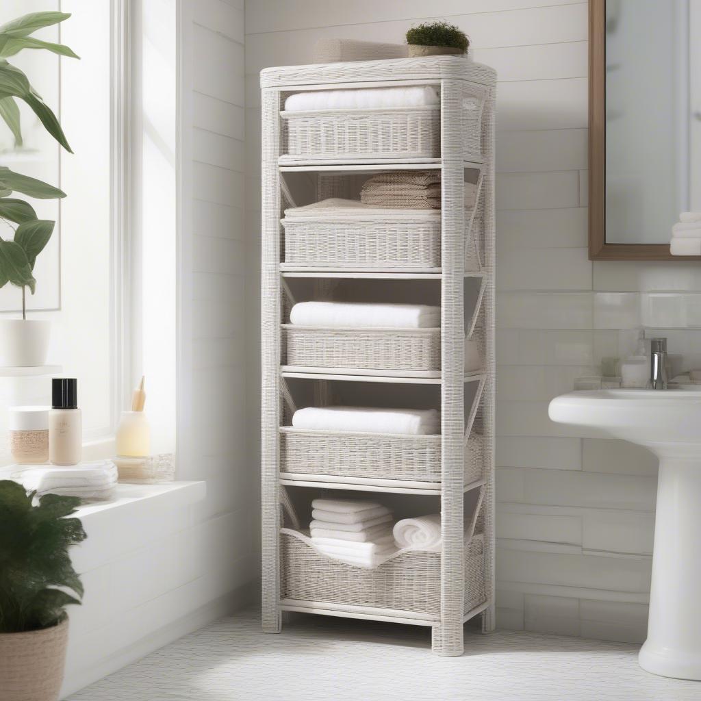 Wicker storage tower in a bathroom