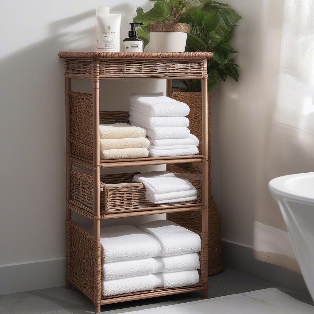 A wicker storage tower neatly organizing various bathroom essentials, including towels, toiletries, and decorative items.