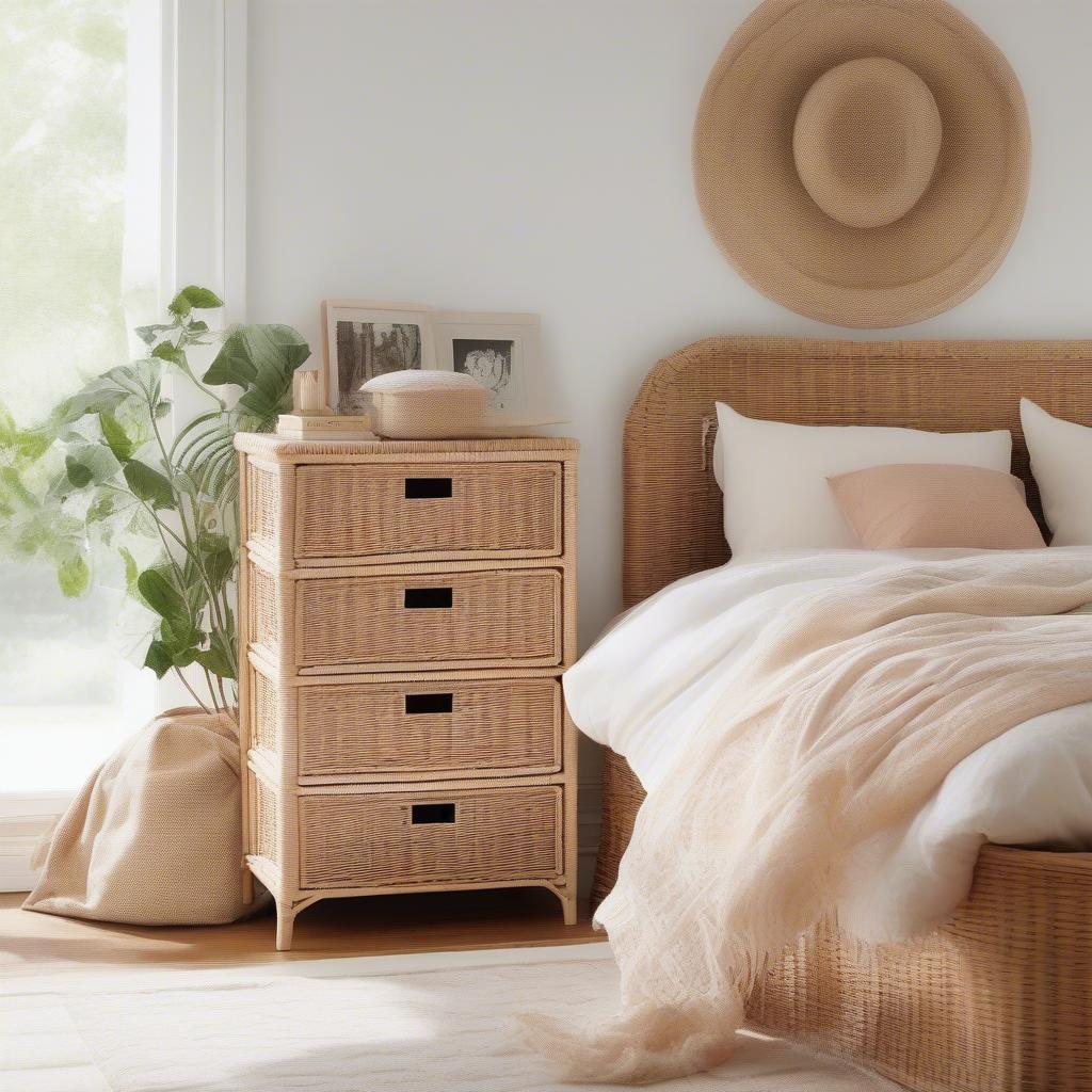 Wicker storage tower in a bedroom