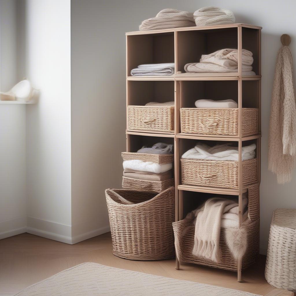 A wicker storage tower in a bedroom, used to organize clothes and accessories.