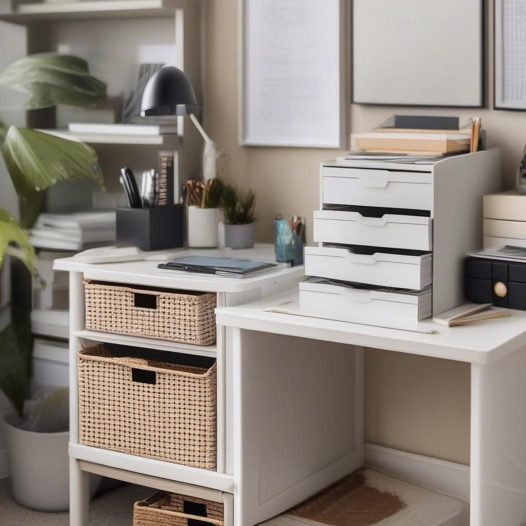 Wicker storage tower in a home office