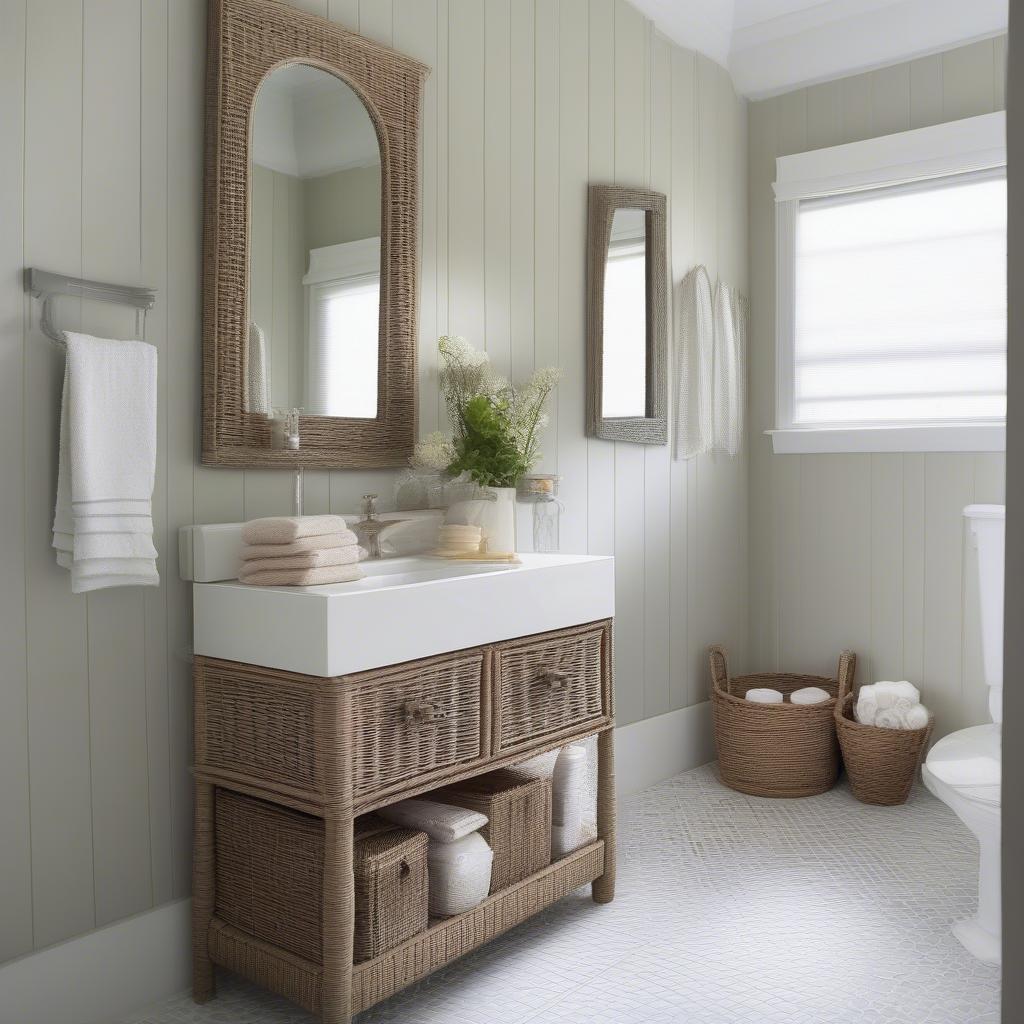 A wicker bathroom sink storage tower seamlessly integrated into a small bathroom, demonstrating its space-saving capabilities and how it enhances the overall aesthetic.