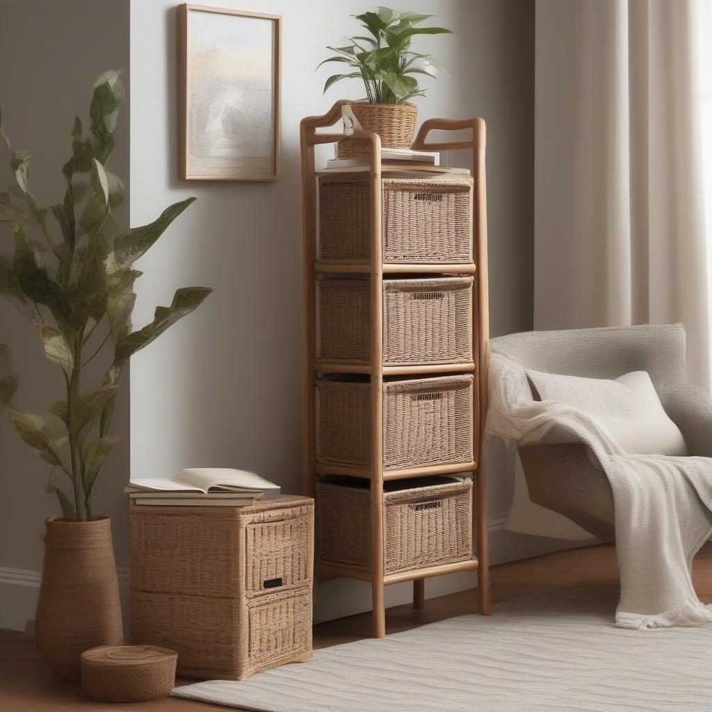 Wicker storage tower in a living room setting