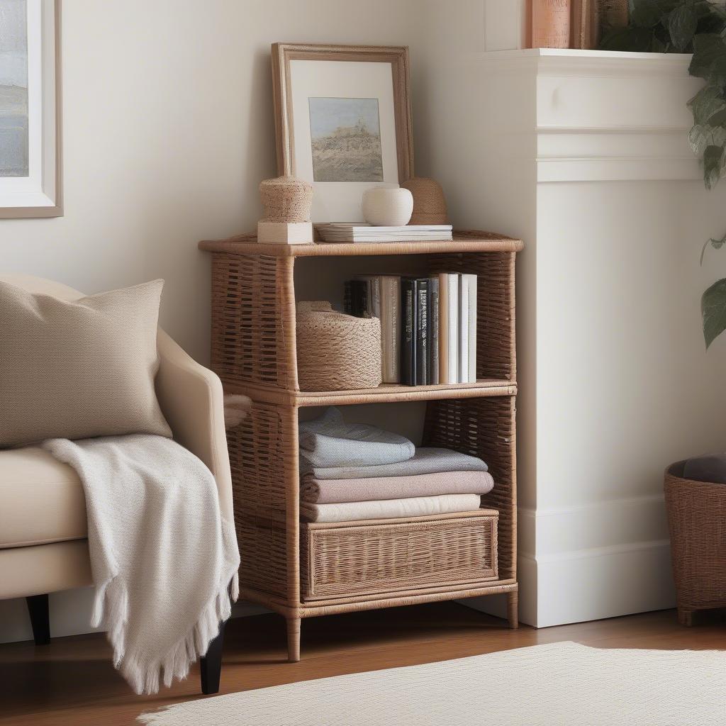 A wicker storage tower in a living room, used to organize blankets and books.