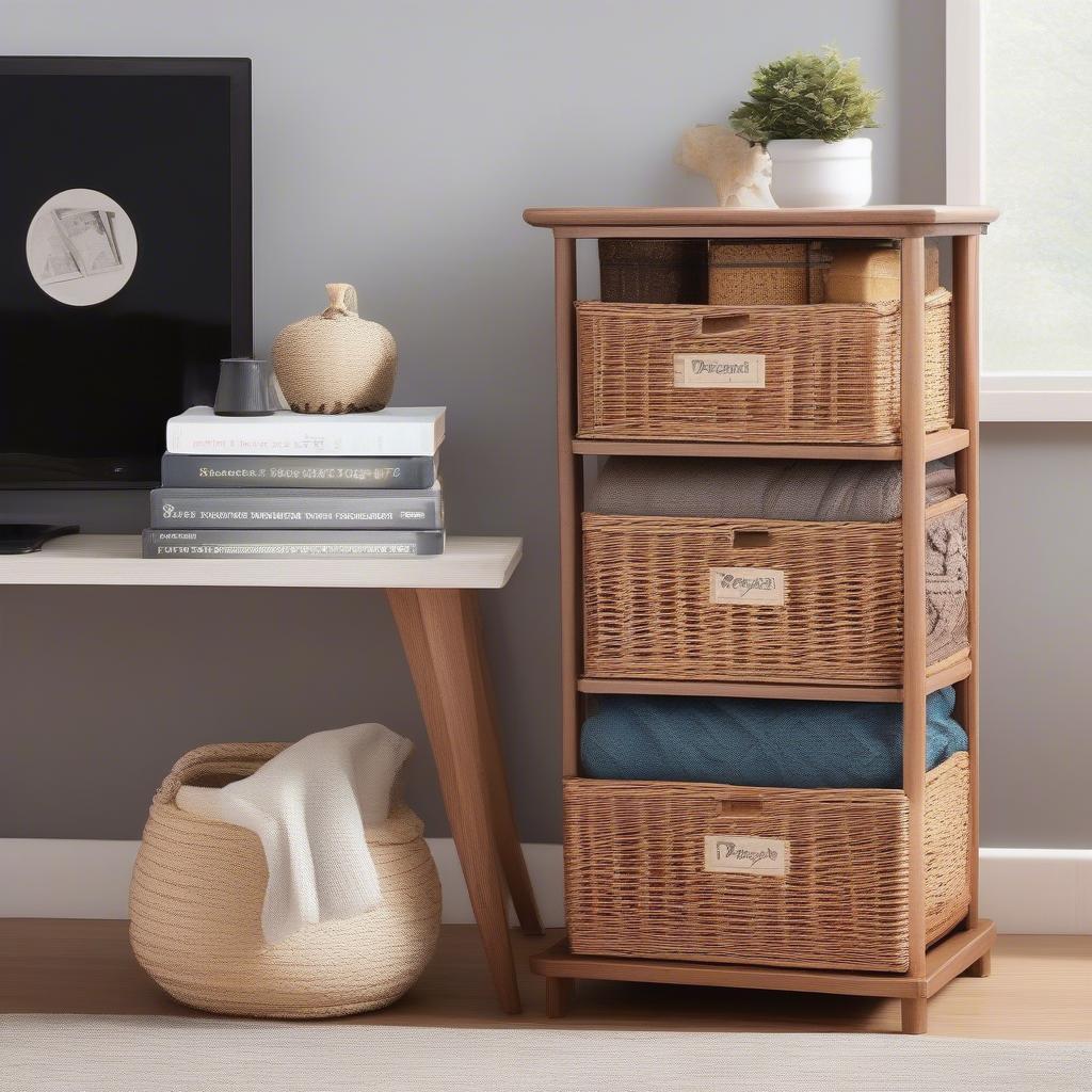 Wicker Storage Tower in Living Room for Organization