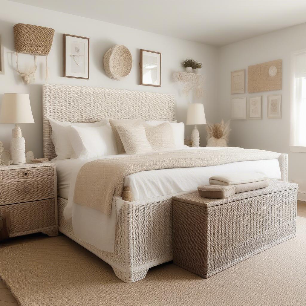 White wicker storage trunk at the foot of a bed in a bedroom in Australia