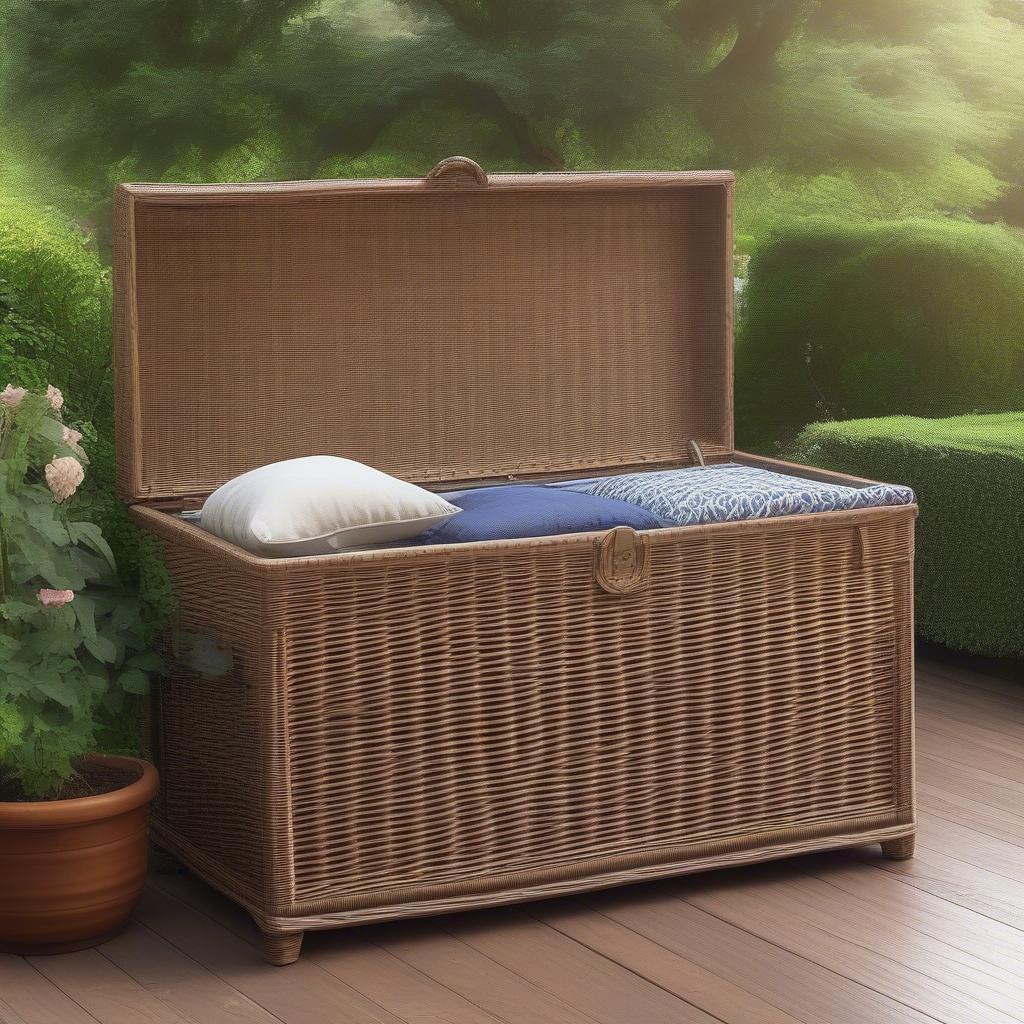 Wicker storage trunk on an outdoor patio in Australia