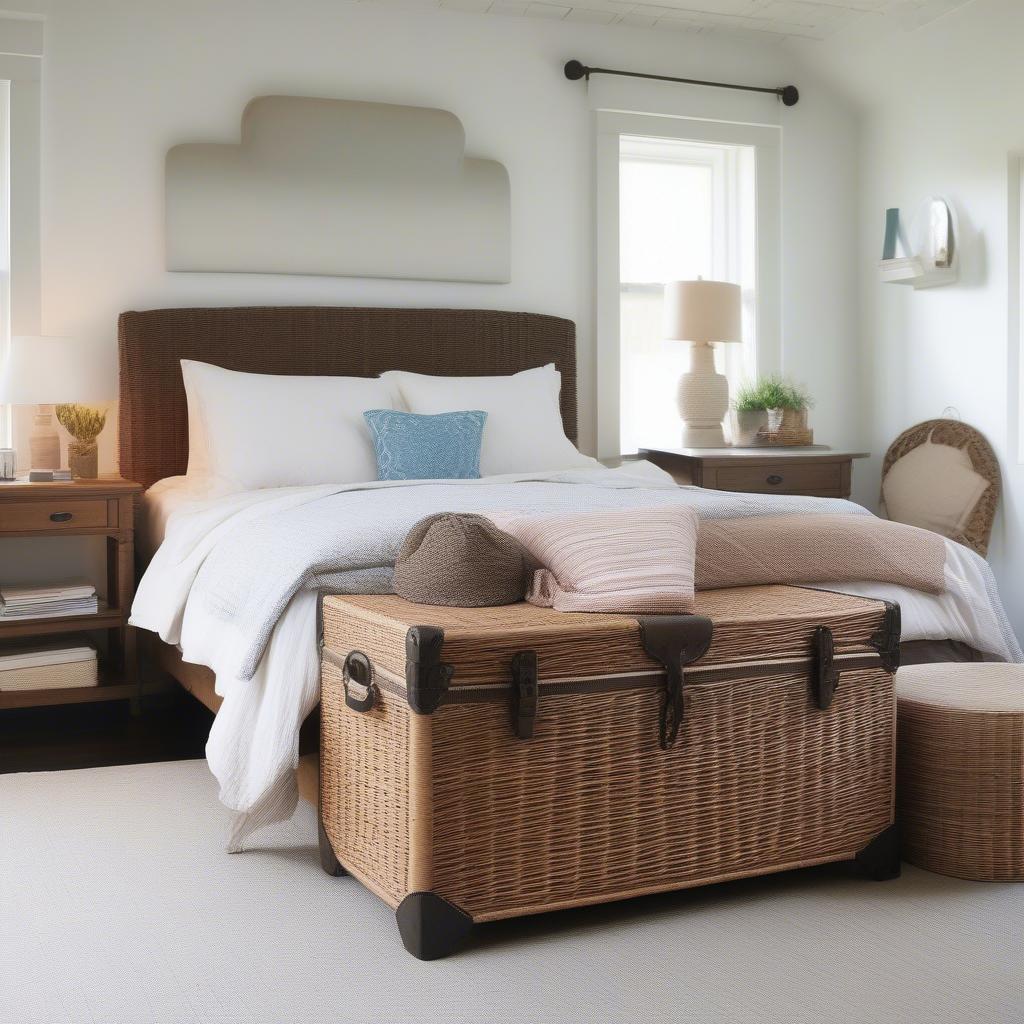 Wicker storage trunk at the foot of a bed in a bedroom, demonstrating its use as storage and a decorative element.