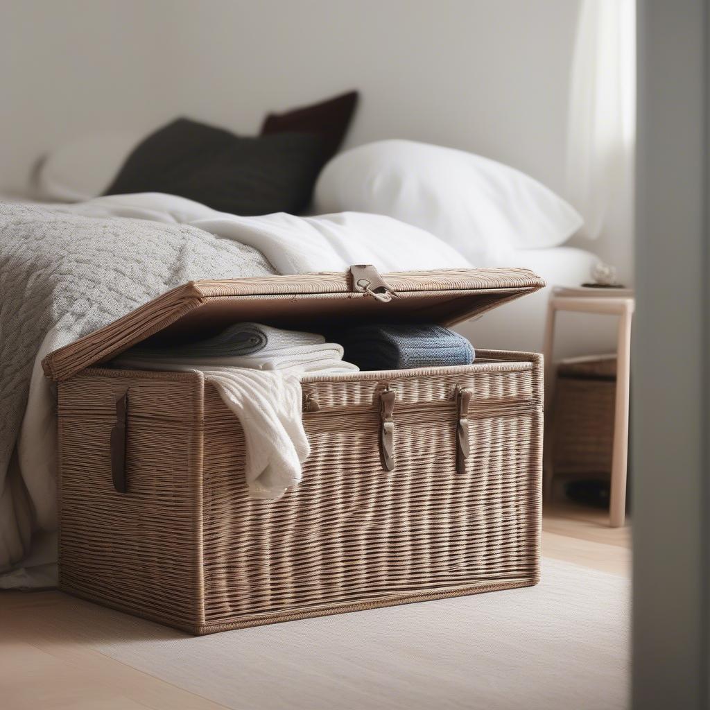 Wicker storage trunk used for organization in a bedroom