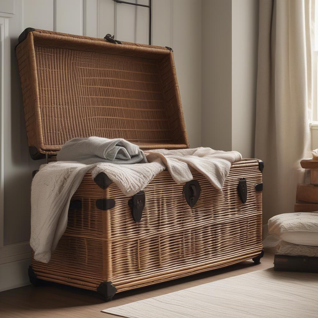 Wicker storage trunk chest in a living room setting