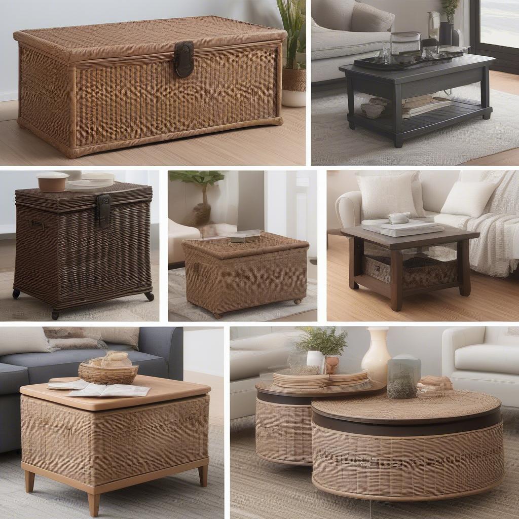 Various wicker storage trunk coffee table options showcasing different styles and sizes.