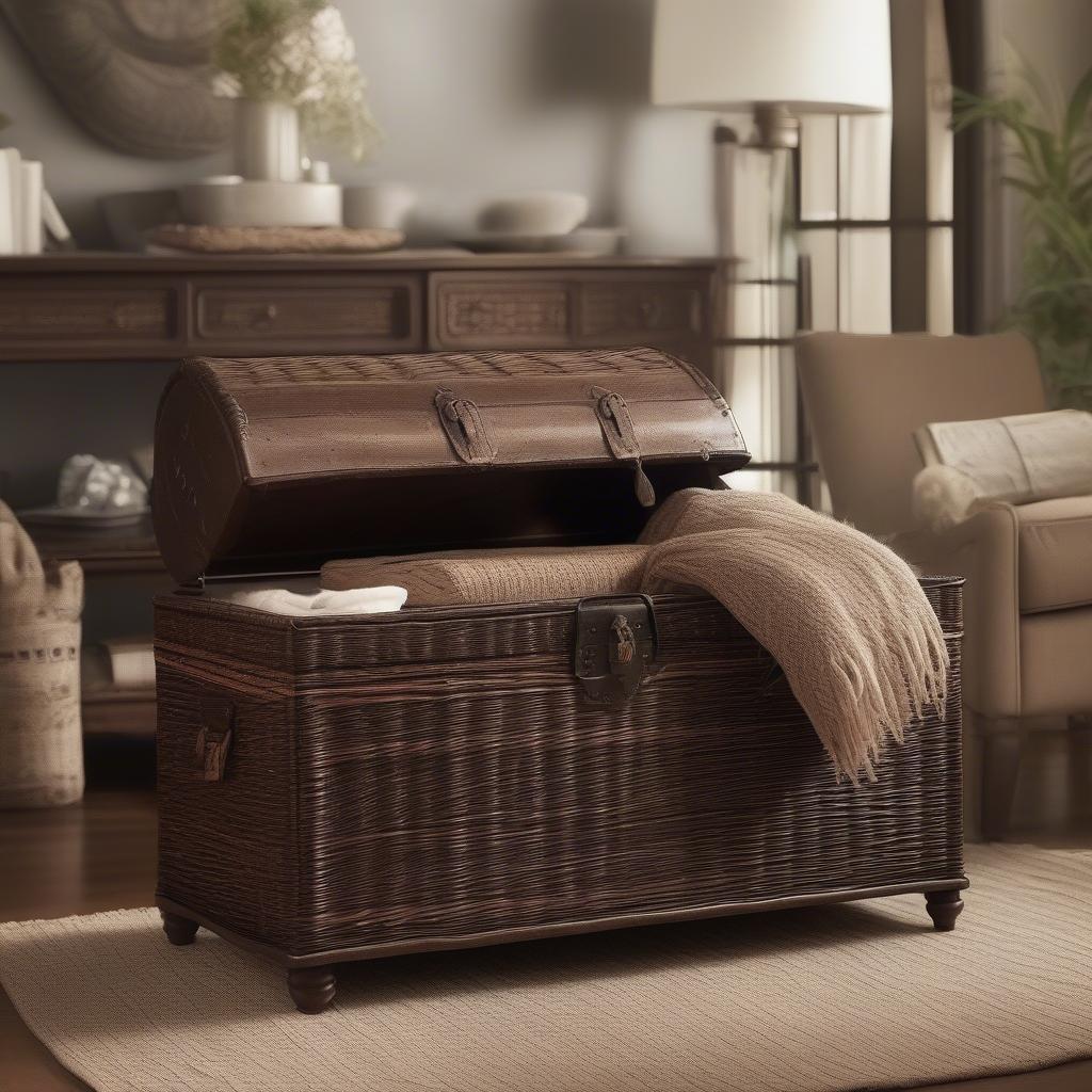 Dark Brown Wicker Storage Trunk in a Living Room Setting