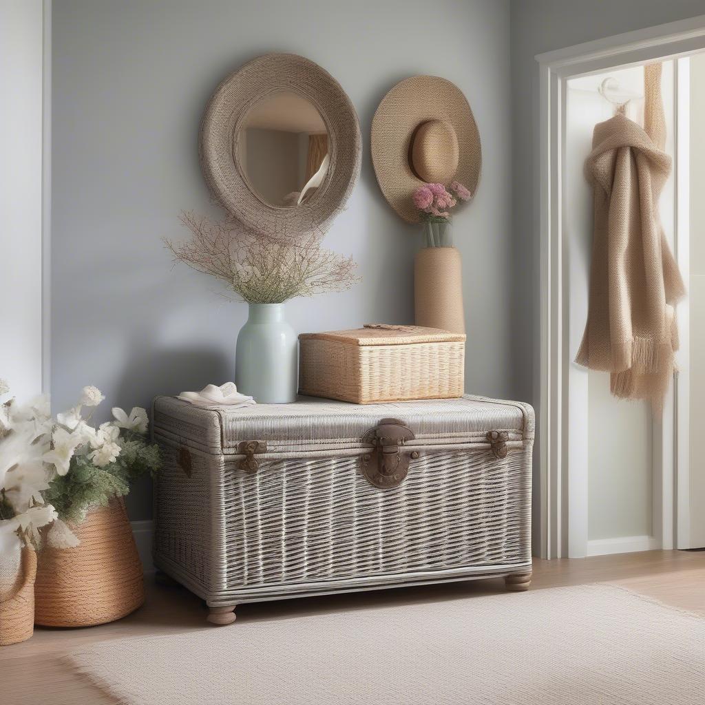 Wicker storage trunk in an entryway setting.