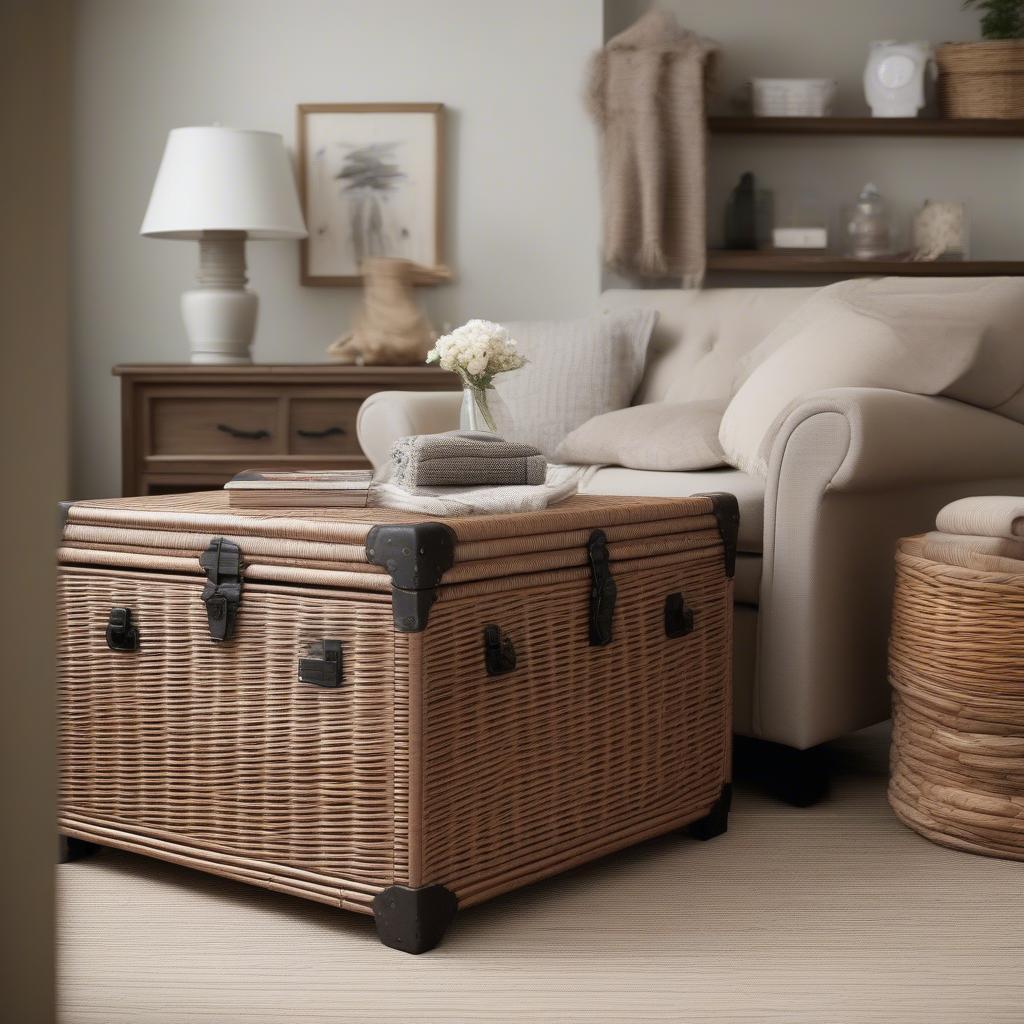 Wicker storage trunk in a living room setting, showcasing its organizational capabilities and aesthetic appeal.