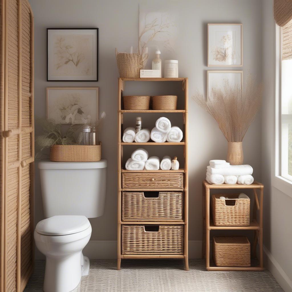 A wicker storage unit in a bathroom, showcasing its practical use for organizing towels and other bathroom essentials.