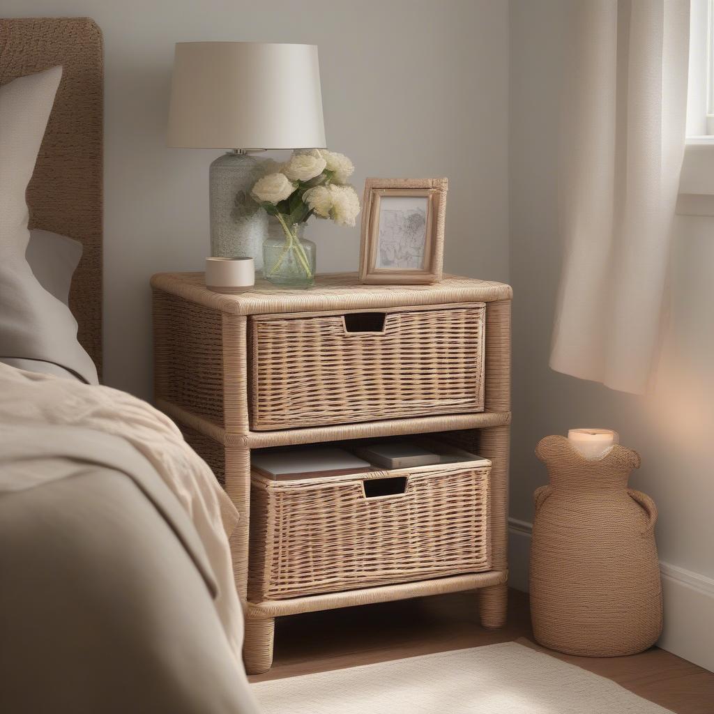 Wicker storage unit in a bedroom