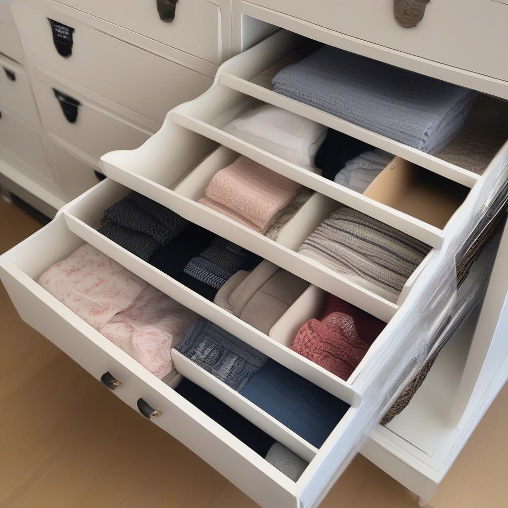 Wicker storage unit used for organizing clothes in a bedroom