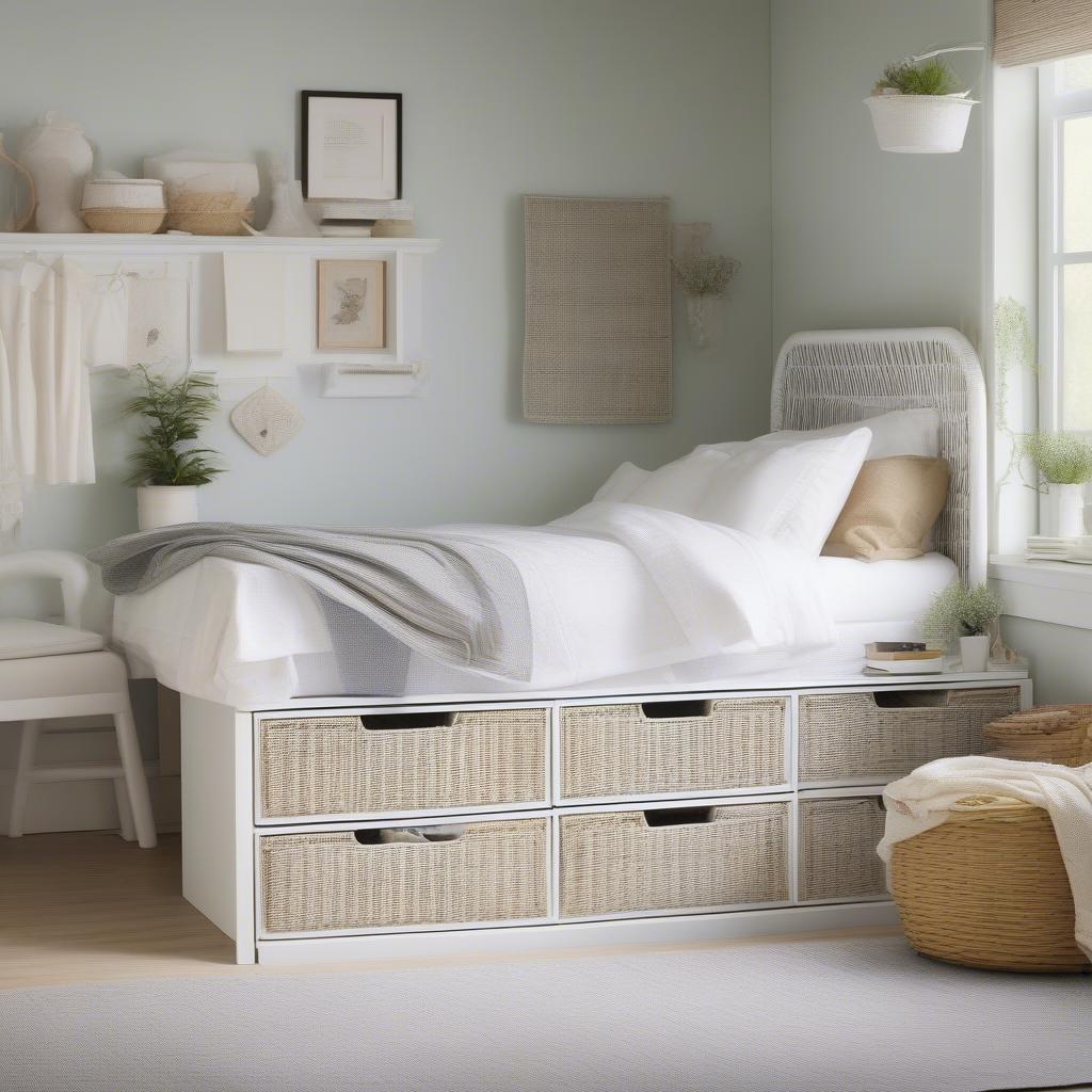 A wicker storage unit in a UK bedroom, demonstrating its organizational capabilities.