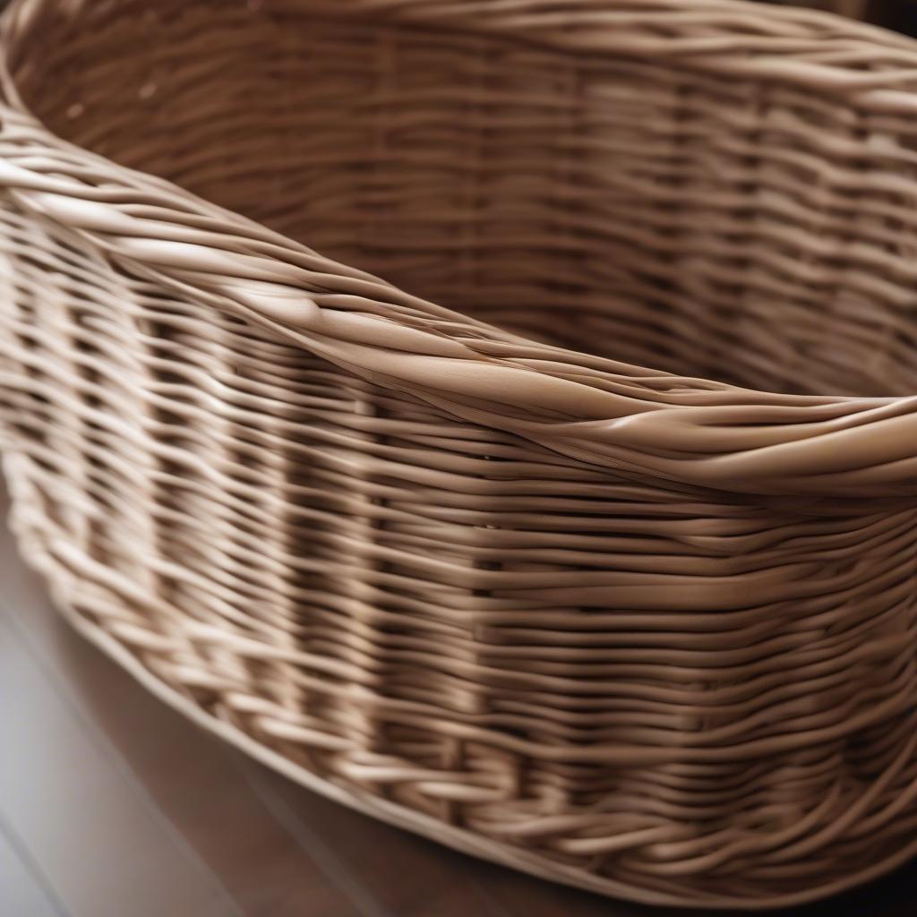 Close-up view of a wicker storage unit, highlighting the weave and construction