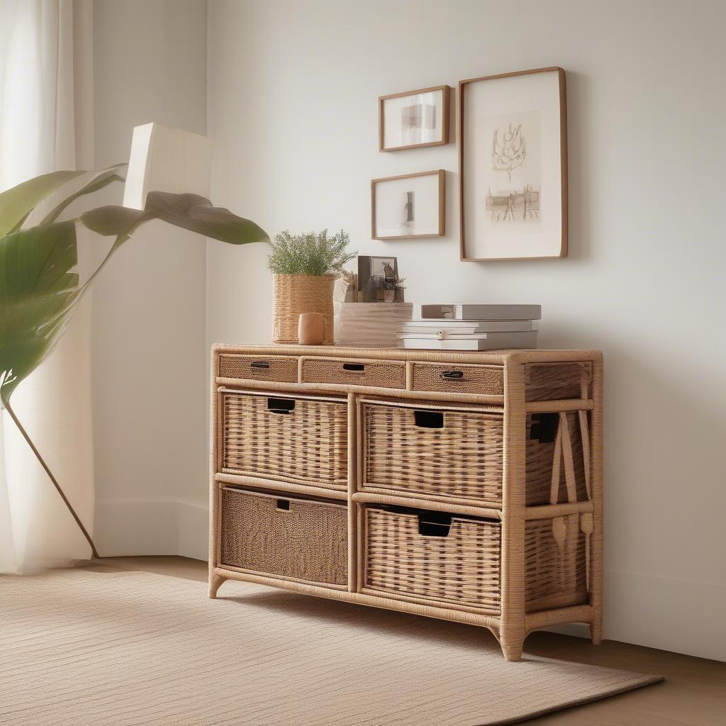 Wicker storage unit with drawers in a living room setting