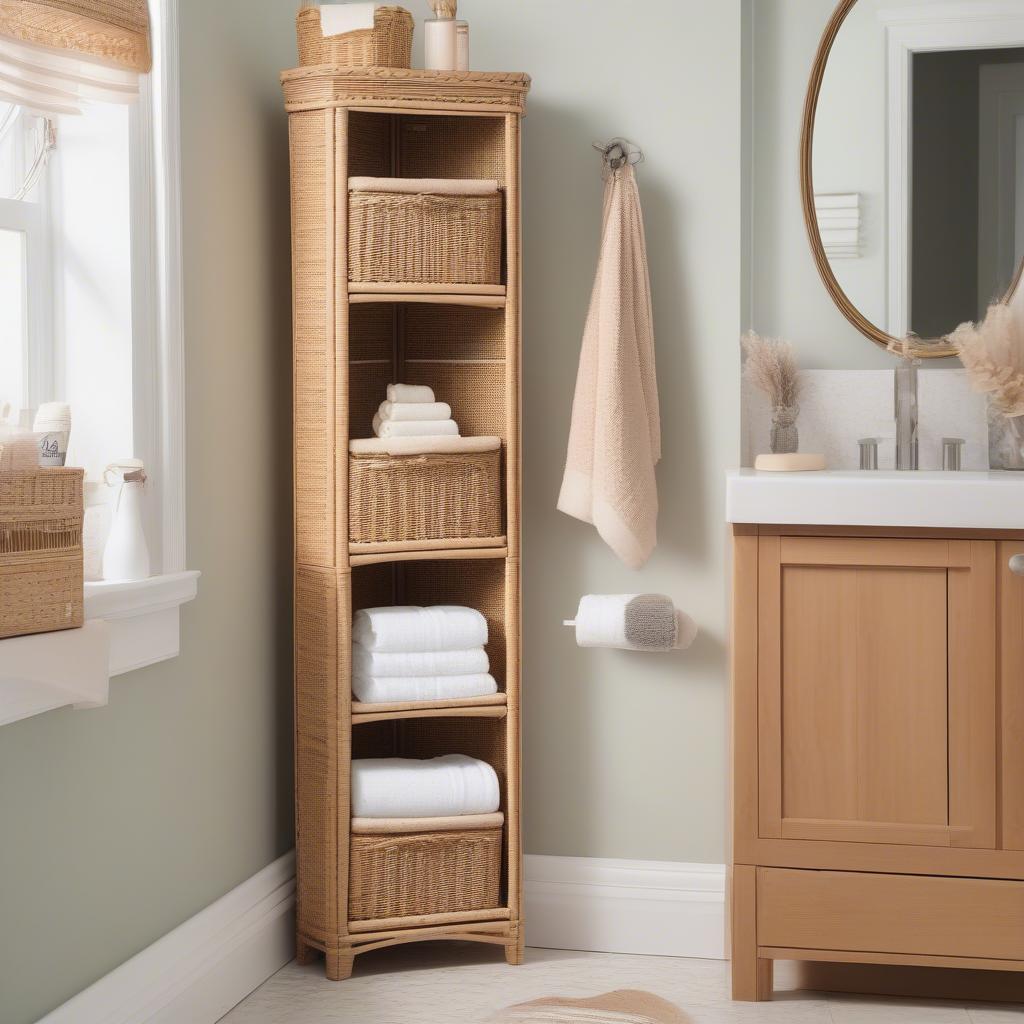 Wicker storage unit in a bathroom