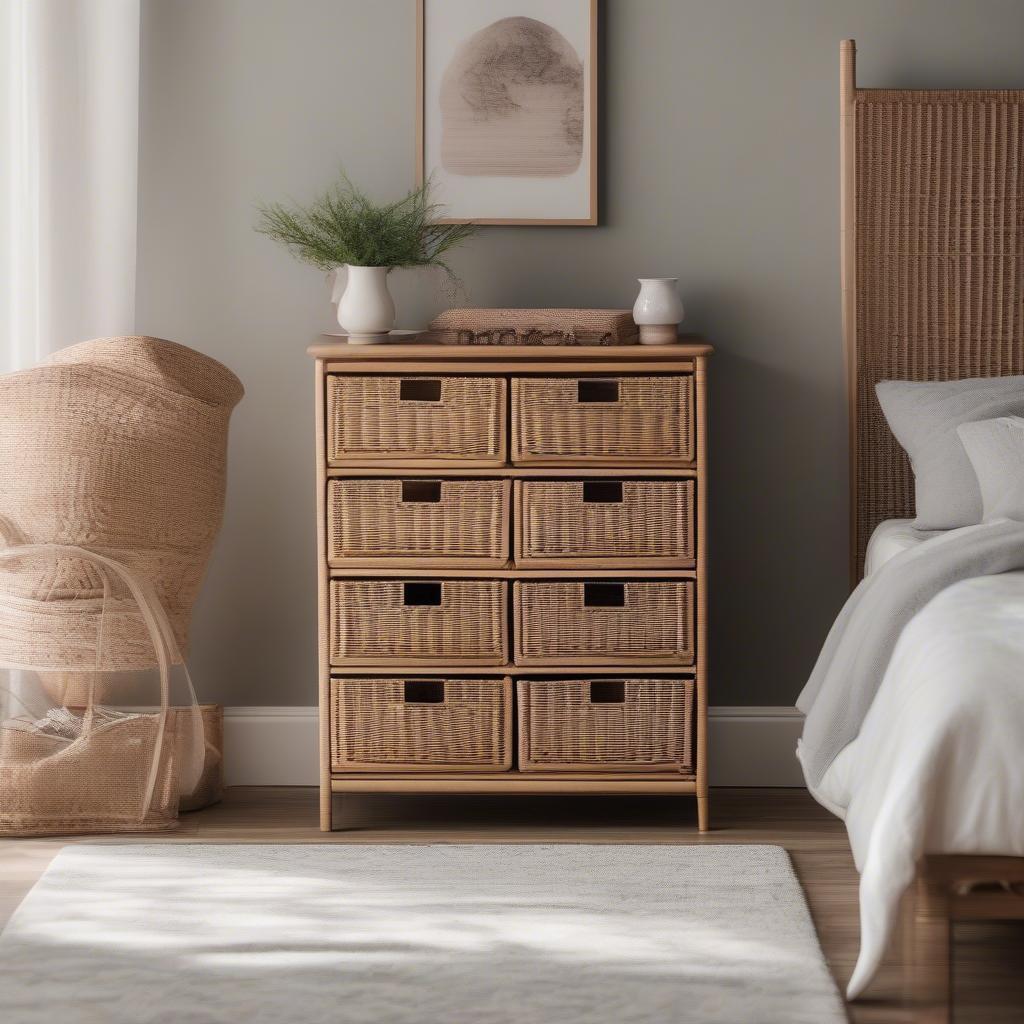 A 6-drawer wicker storage unit in a bedroom setting