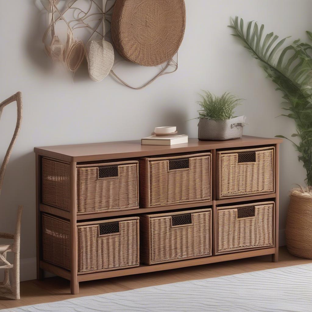 4 Drawer Wicker Storage Unit in a Living Room Setting