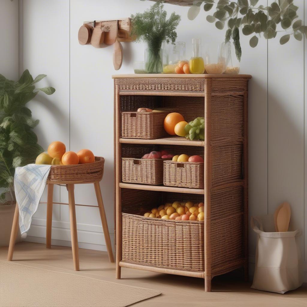 Wicker storage unit in a kitchen setting, showcasing its versatility and practicality.