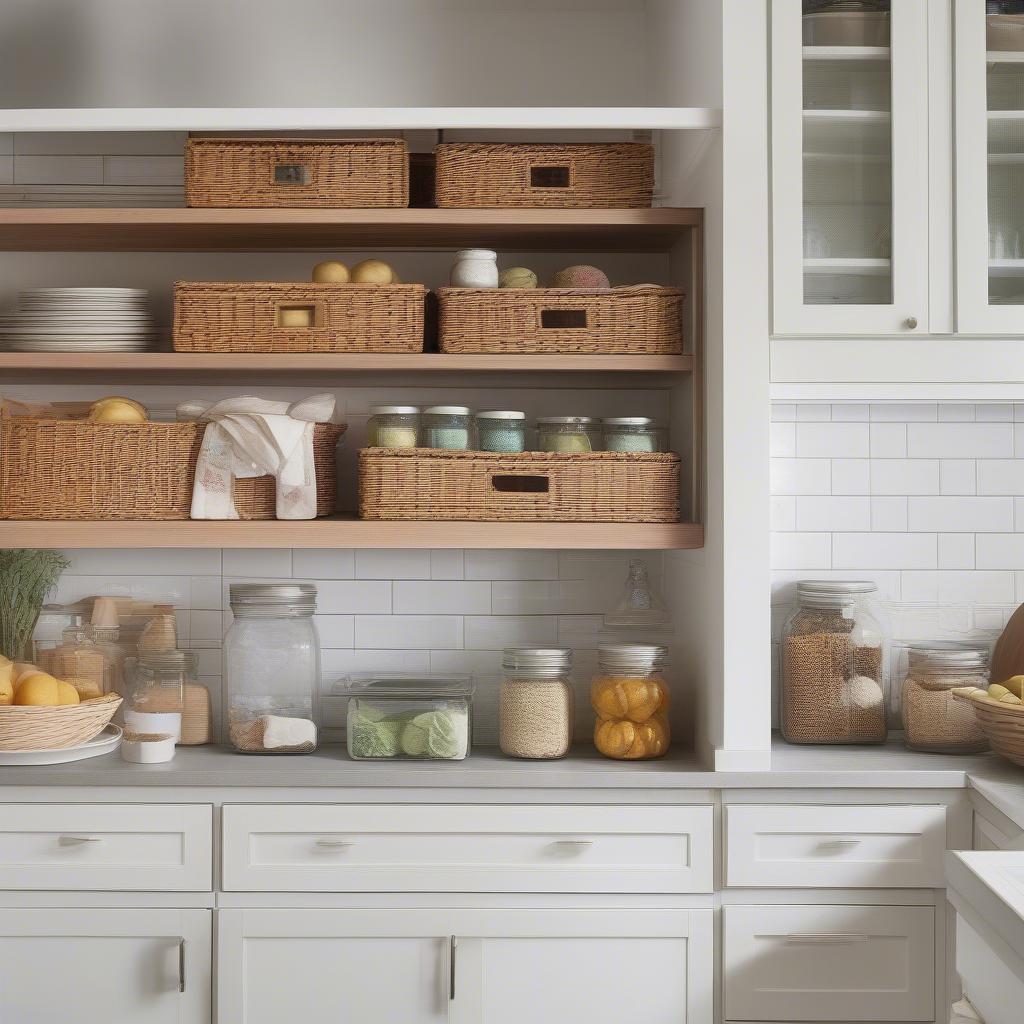 Wicker storage unit in a modern kitchen, filled with fresh produce and neatly organized pantry items.