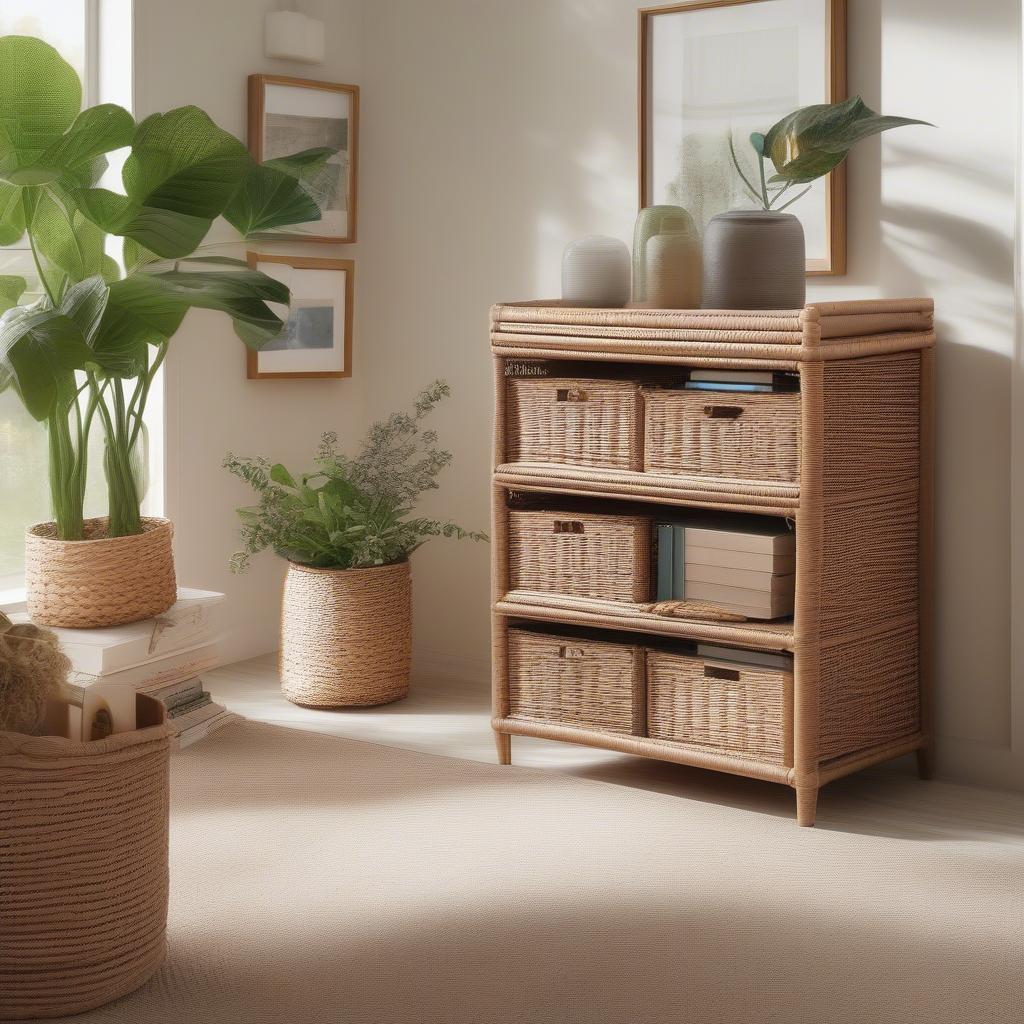 Wicker storage unit in a living room setting, showcasing its natural beauty and practicality.