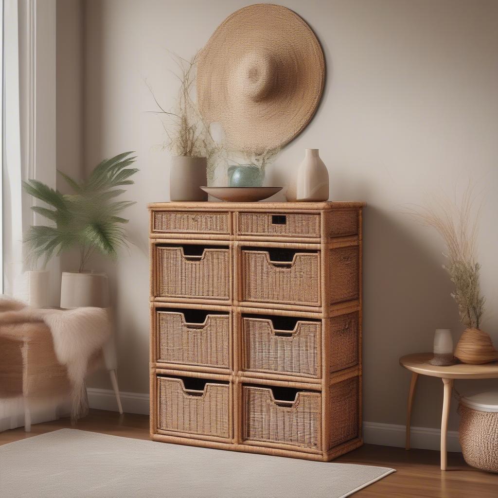 Wicker storage unit with drawers in a living room setting